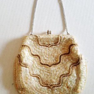 VINTAGE 50s Sequined Beaded Purse Cream Bag Snap
